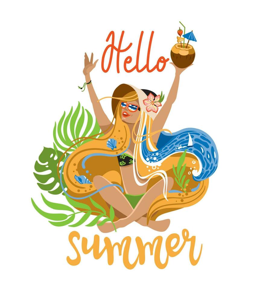 Hello summer. Beautiful girl on beach with cocktail on her hand. Beach party. Vector illustration.