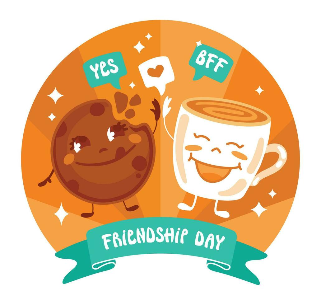 Chocolate chip cookies and a cup of coffee. friendship forever. Funny logo. Vector. vector