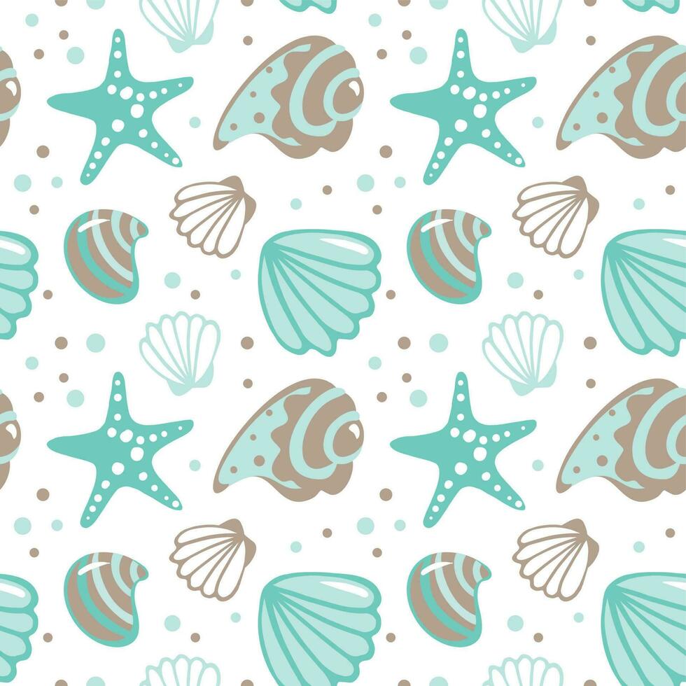 Sea shells. Ocean life. Seamless pattern. Summer print. Vector illustration.