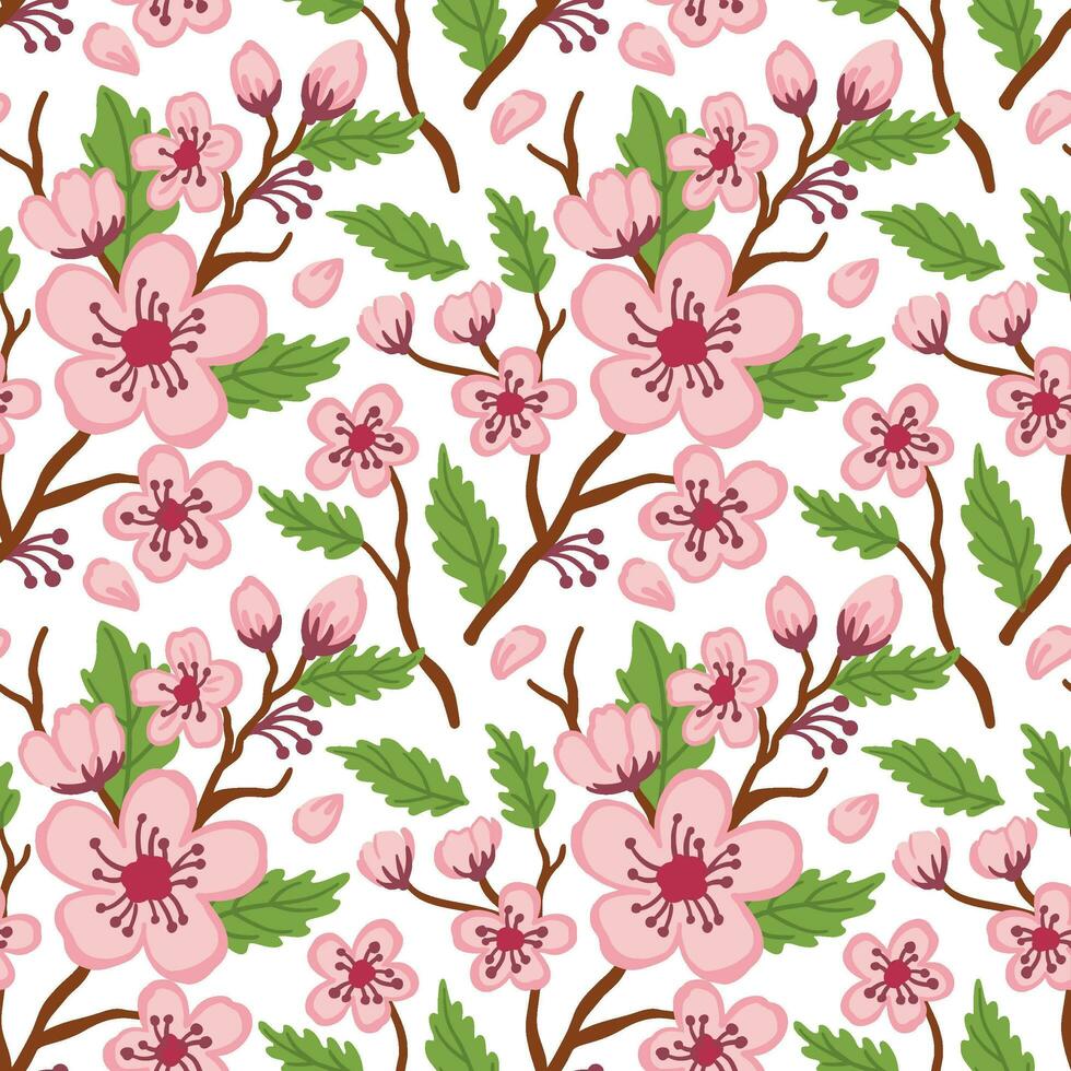 Sakura on white background. Blooming of the spring. Seamless pattern. Vector. vector