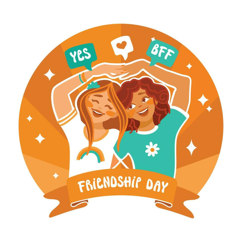 Friendship day. Two girlfriends rejoice in their friendship. Vector. vector