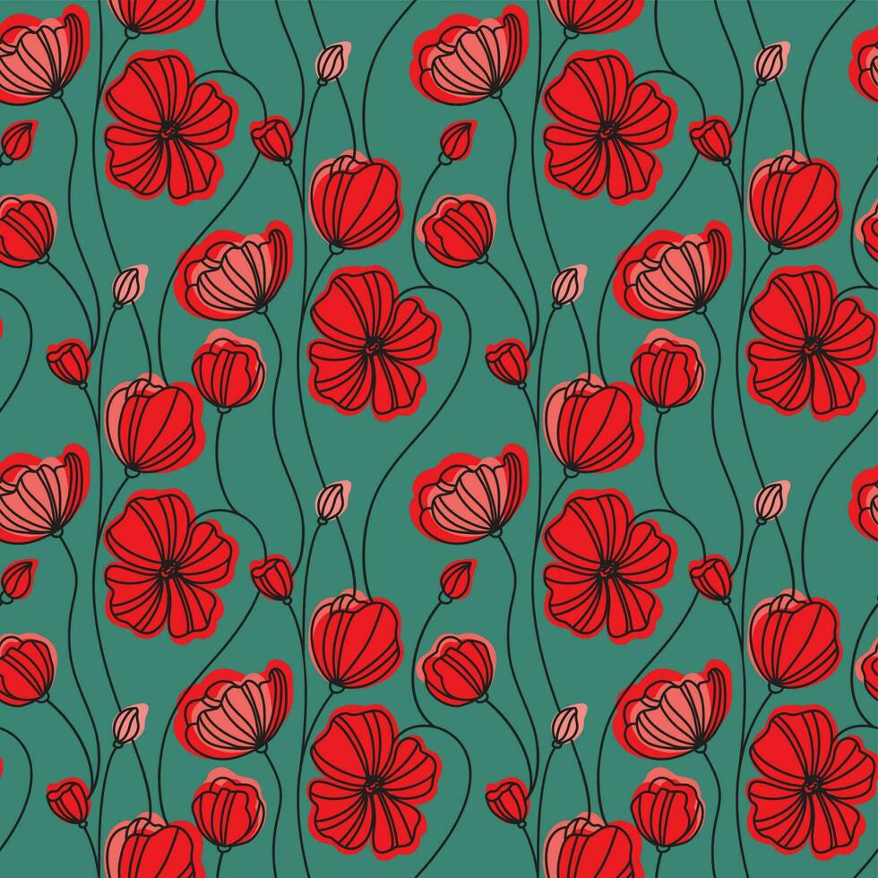 Red poppies flowers.Seamless pattern on green background. Floral texture.Vector illustration. vector