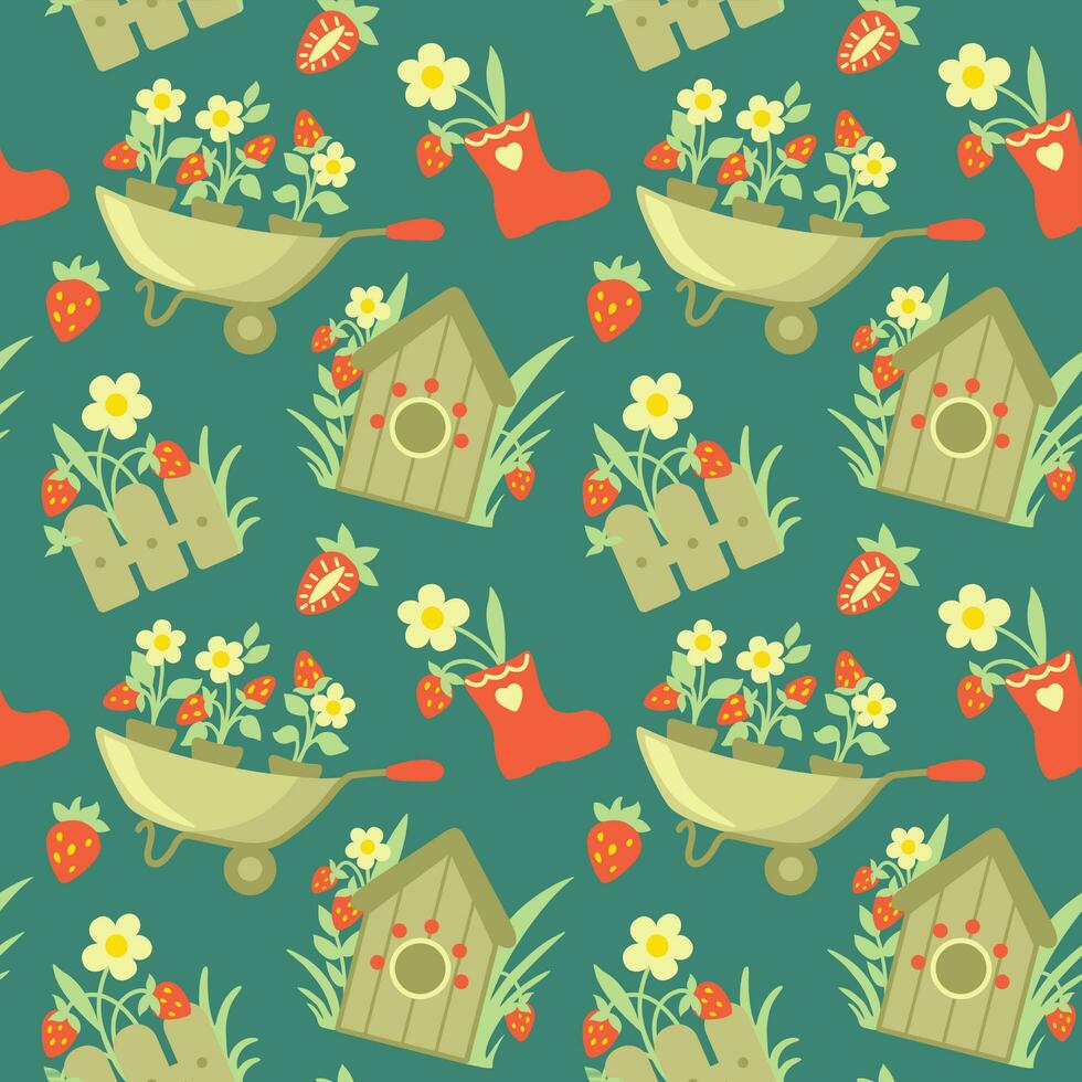 Summer garden, strawberry and flowers.  Tools and equipment for gardening. Seamless pattern. Vector. vector