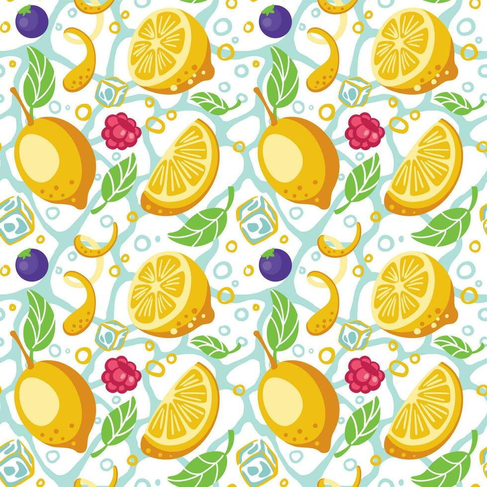 Lemonade from lemons, blueberry and rasberry. Slices of lemons. ice cubes. Fresh cool drink with fruits. Seamless pattern. Vector. vector