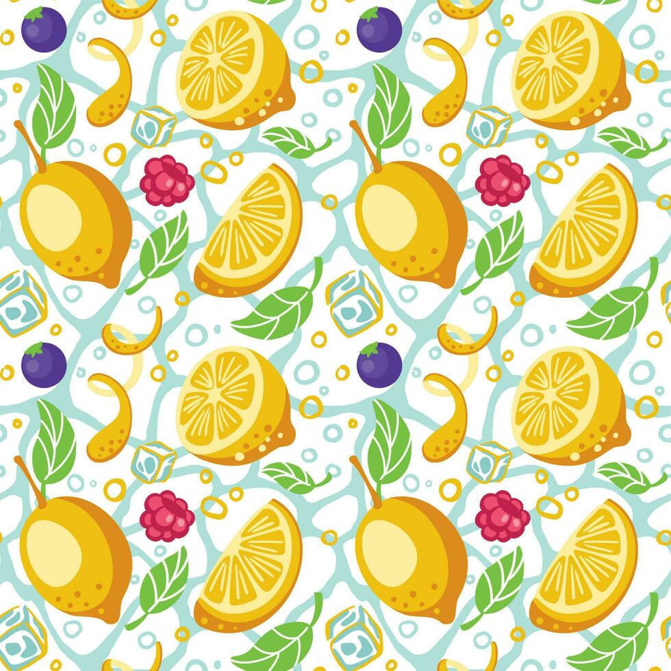 Lemonade from lemons, blueberry and rasberry. Slices of lemons. ice cubes. Fresh cool drink with fruits. Seamless pattern. Vector. vector