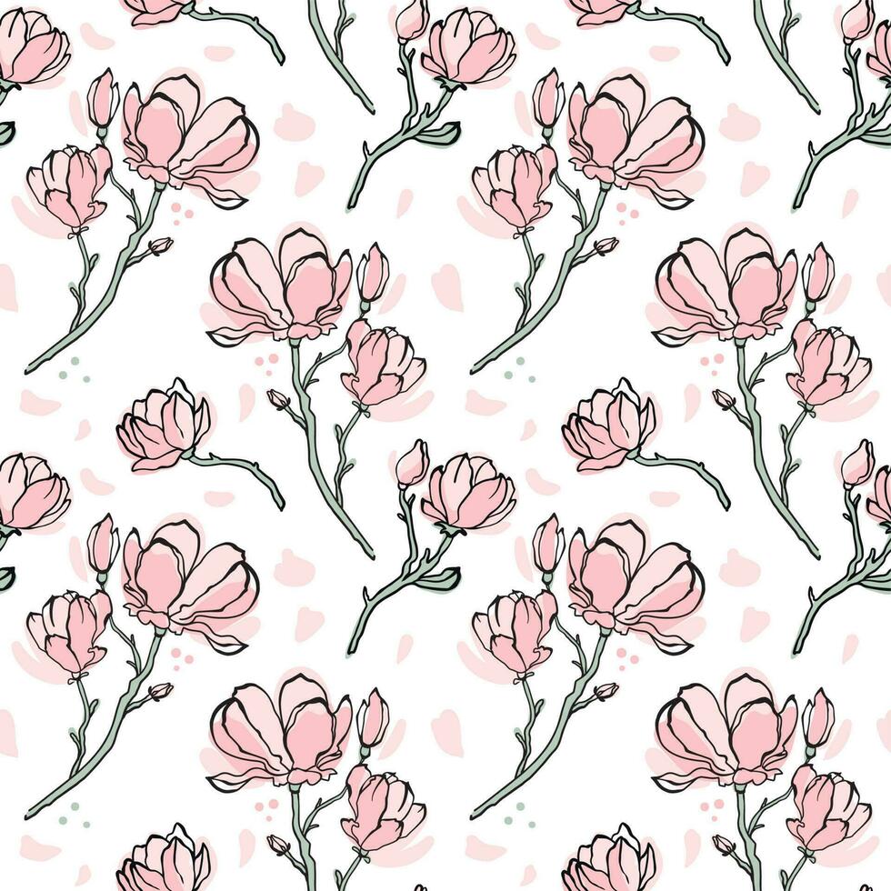 Branches with magnolia flowers. Flowering time. Seamless pattern on pastel colors. vector