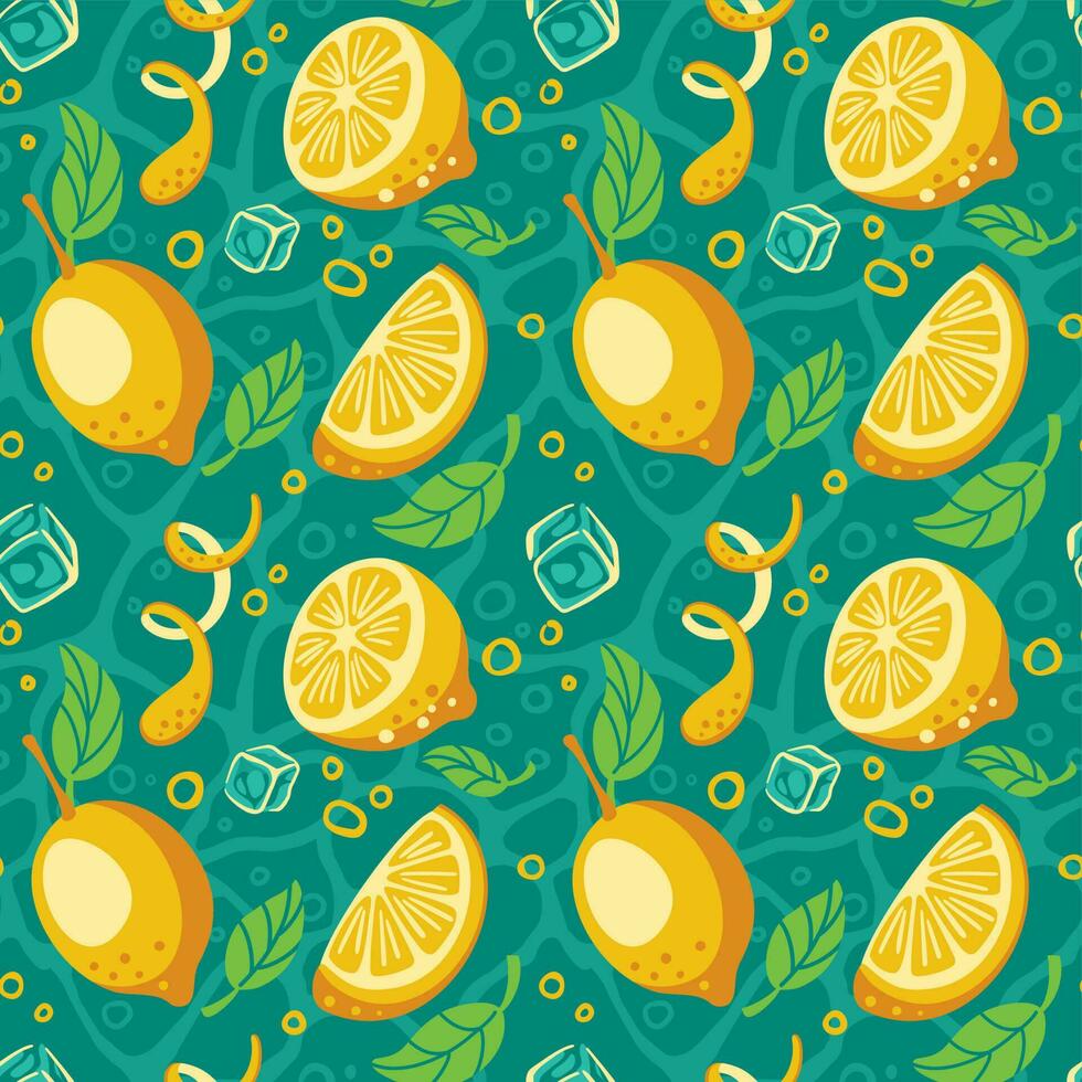 Lemonade from lemons. Slices of lemons. ice cubes. Fresh cool drink with lemons. Seamless pattern. Vector. vector