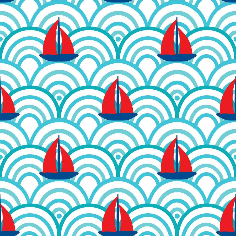 veleros a mar, niños ilustración. ondulado antecedentes. sin costura modelo para tela, envase, textil, fondo de pantalla, vestir. vector