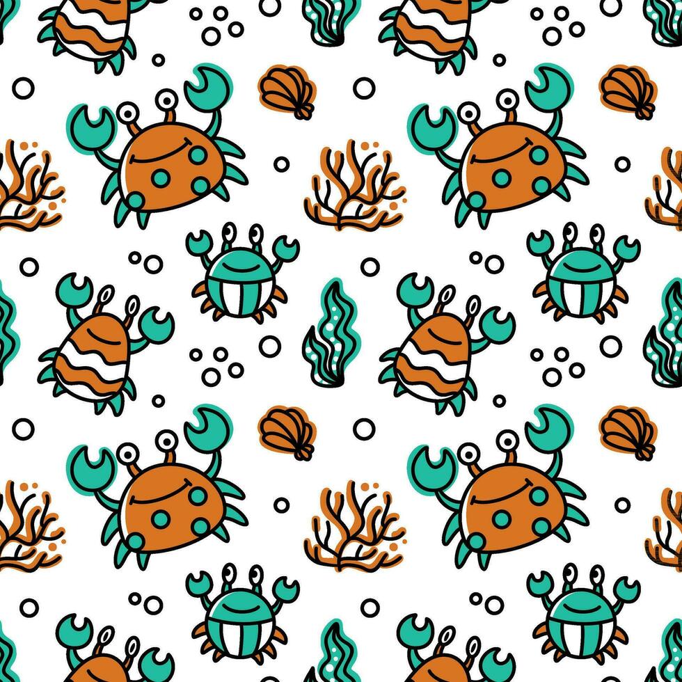 Funny crab and sea life. Seamless pattern. Kids print. vector