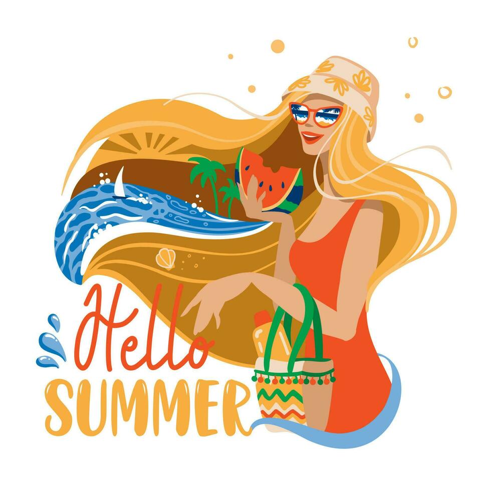 hermosa niña en un verano sombrero y Gafas de sol disfruta el marina. Hola verano. vector ilustración, bandera.