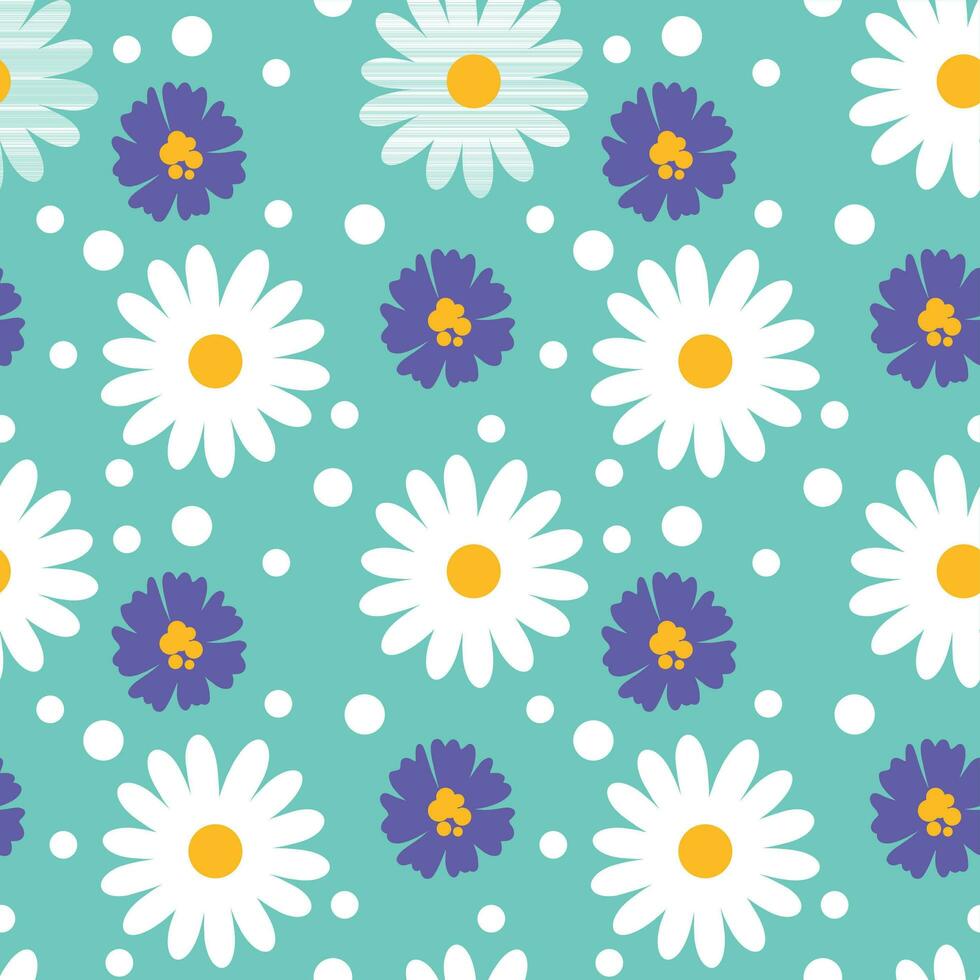 Wildflower daisy and cornflowers, summer print on turquoise blue background. Seamless pattern, vector. vector