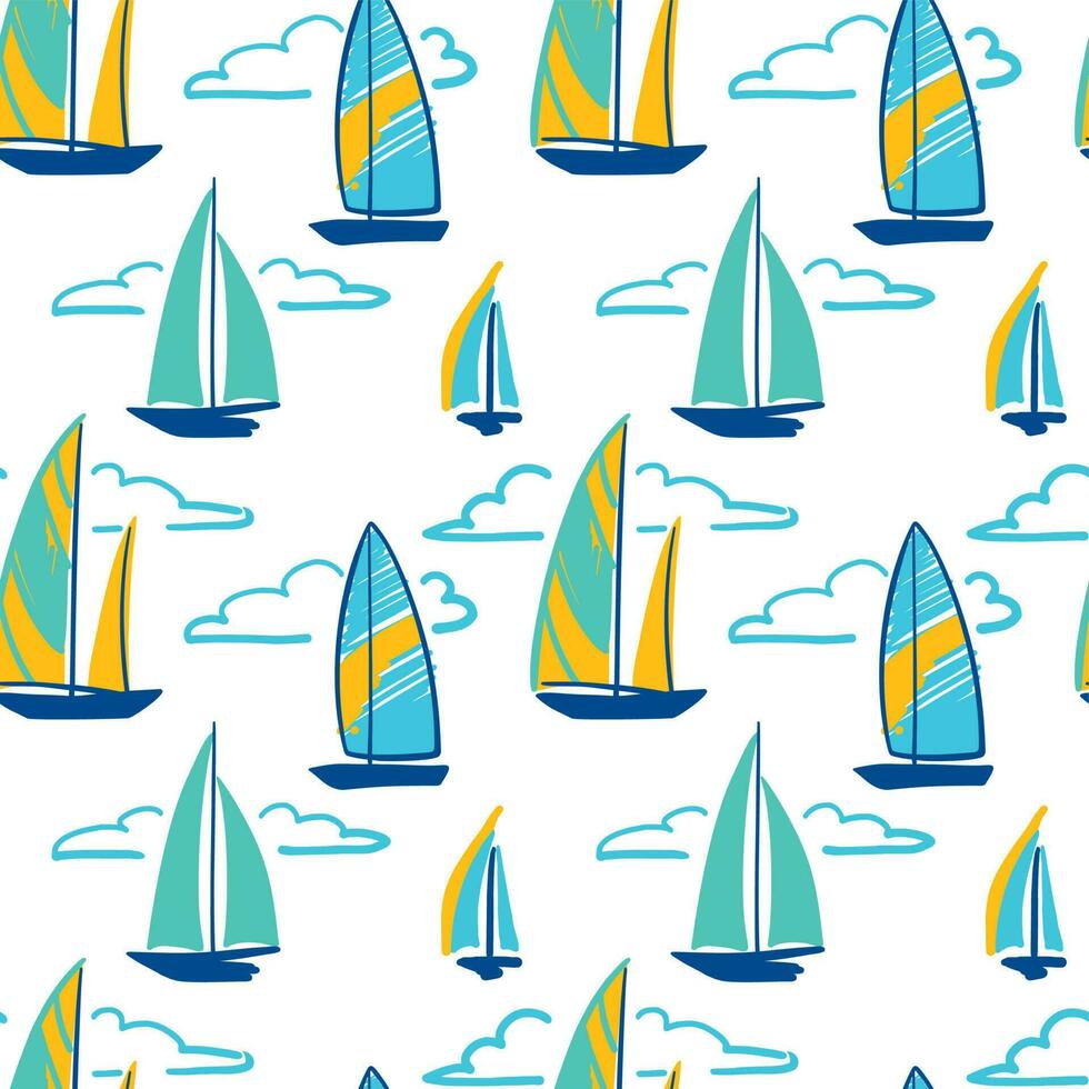 Sailboats in the sea and cloudy sky. Summer illustration. Seamless pattern for fabric, wrapping, textile, wallpaper, clothes. Vector. vector