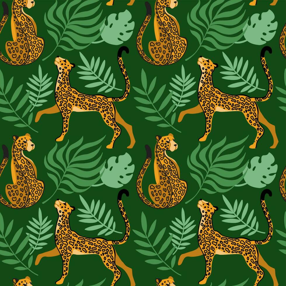 Leopard en jungla. Wild animals. Seamless pattern on green background. Vector illustration. Summer print.