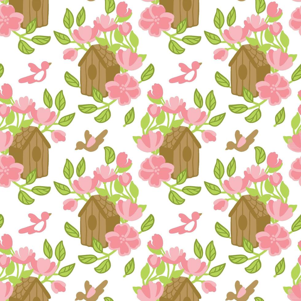 Rose bushes  and rustic bird feeder on the summer garden. Seamless pattern. Vector. vector