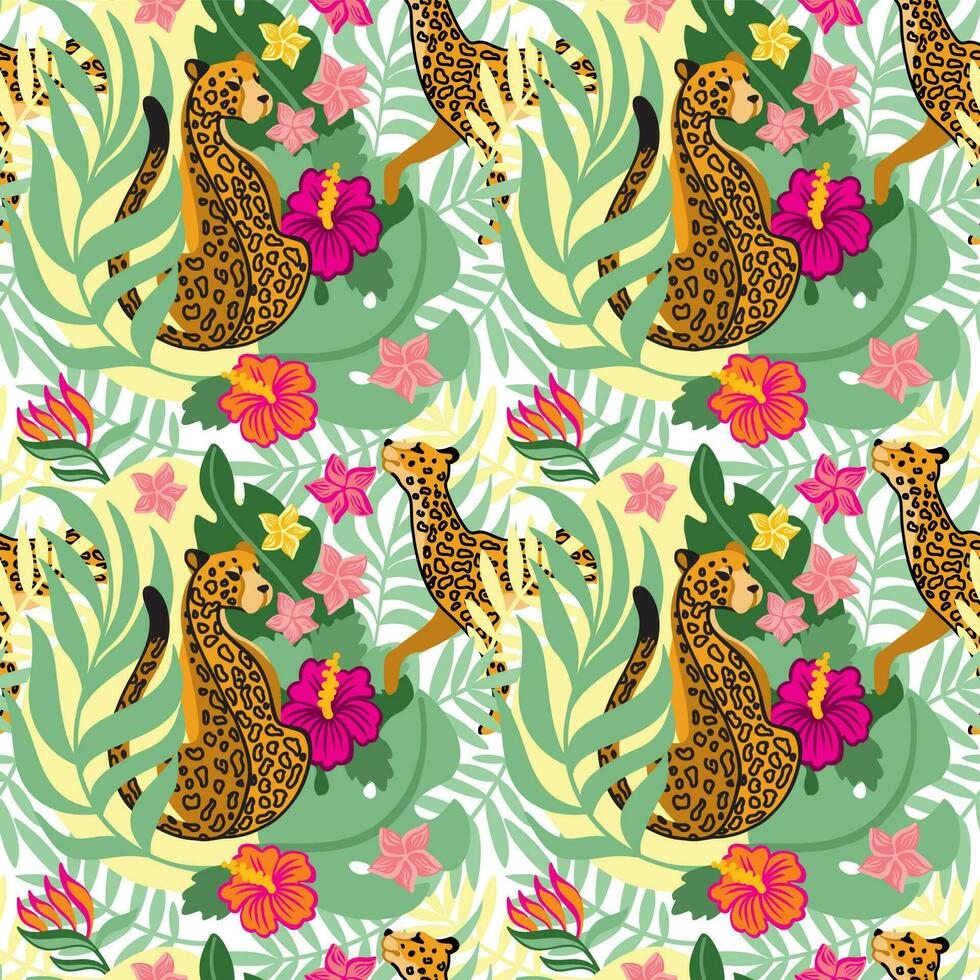 Leopard in tropical forest. Exotic flowers and leaves. Summer print. Seamless pattern. vector