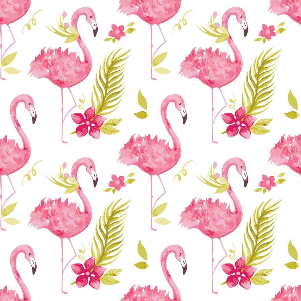 Flamingos and exotic plants. Summer print. Seamless pattern. vector