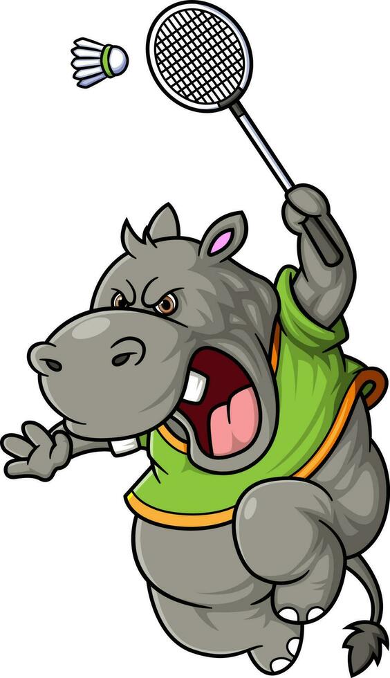 happy cute hippopotamus play train badminton vector