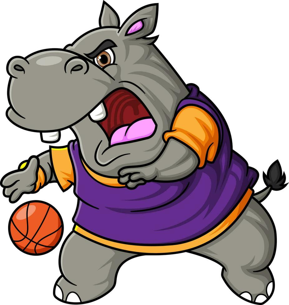 happy cute hippopotamus play basketball vector