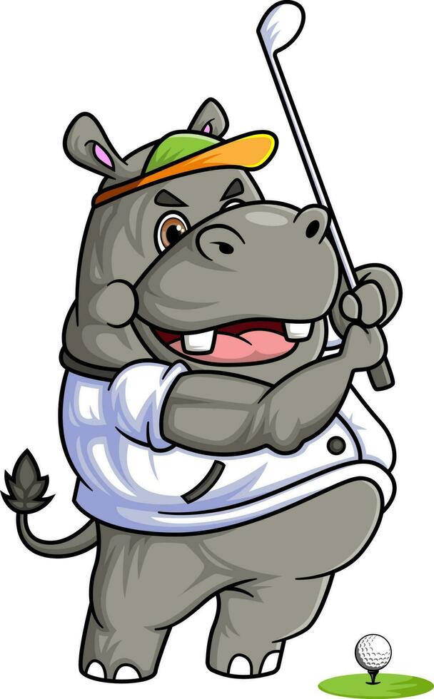 happy cute hippopotamus play train golf vector