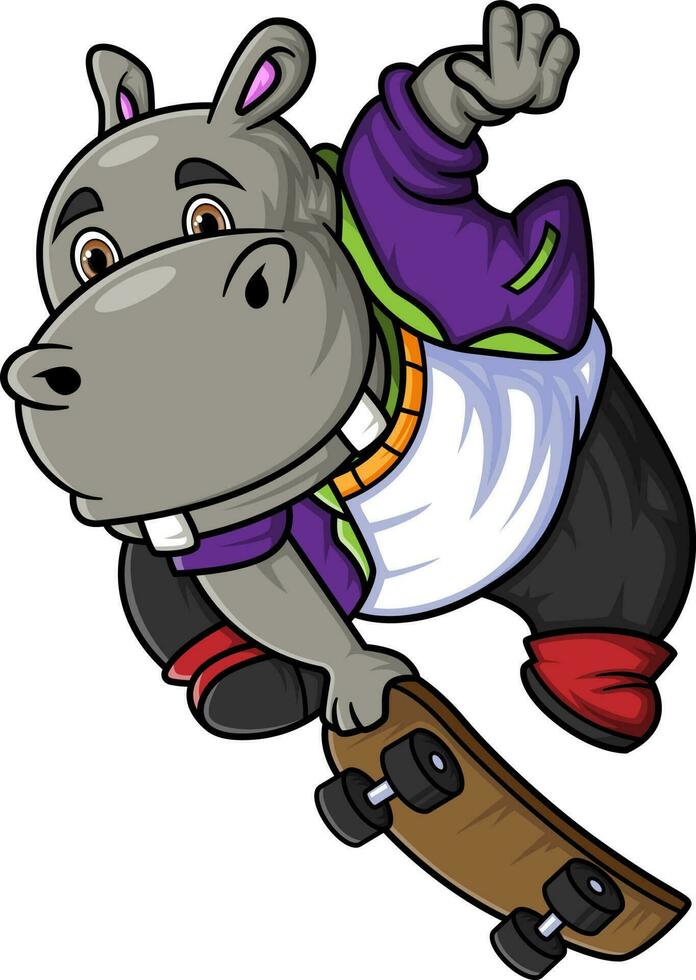 happy cute hippopotamus play skateboard vector