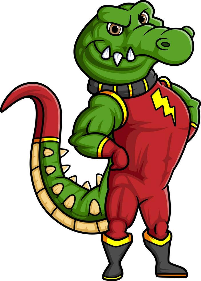 the crocodile with muscular body wearing red super heroes costume vector