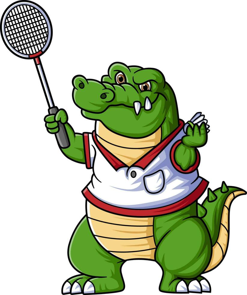Cool crocodile playing badminton cartoon character vector