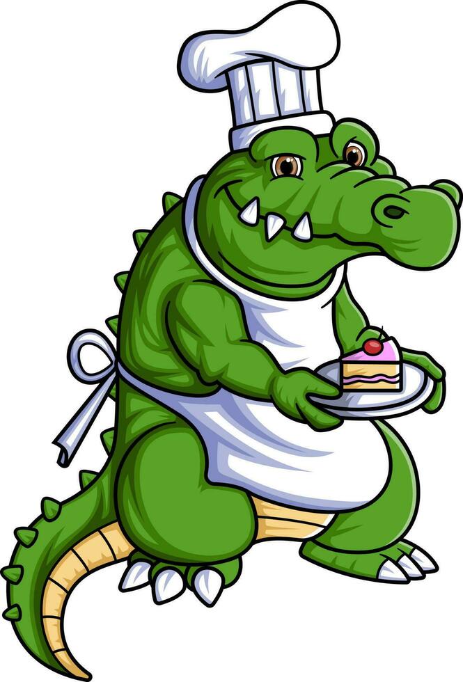 Strong crocodile chef mascot cartoon character with cake vector