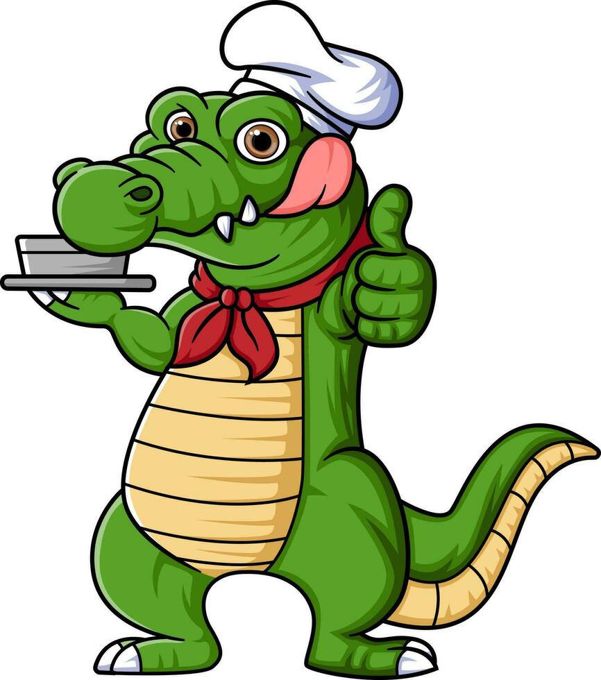 cartoon chef crocodile carrying food tray vector