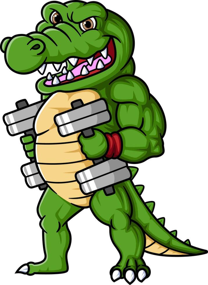 Strong Crocodile Lifting Dumbbell Cartoon character vector