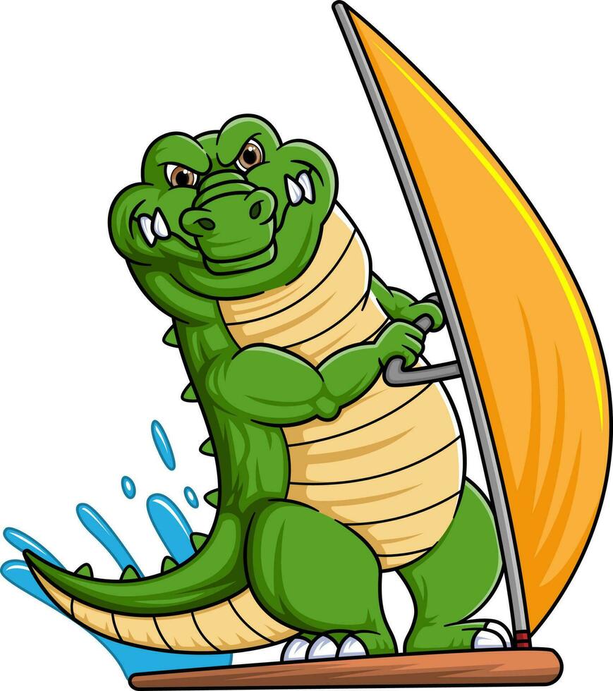 Crocodile standing on the board and holding the sail with two hands vector