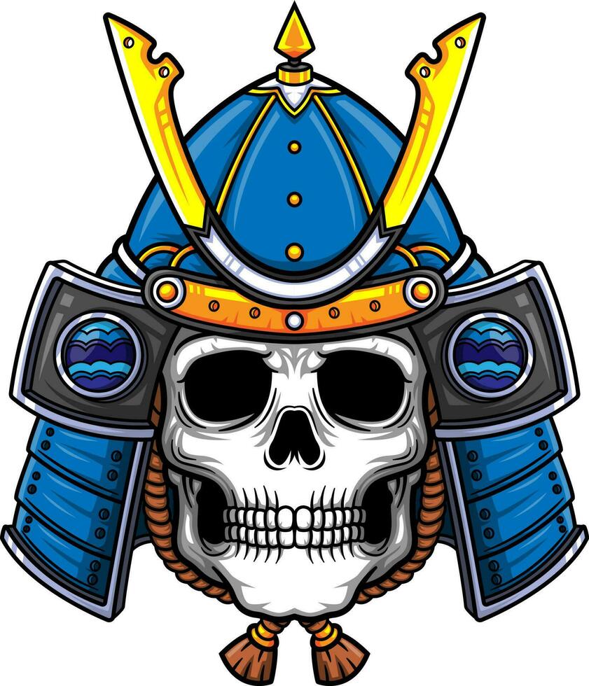 Blue Skull Samurai warrior mask. Traditional armor of japanese warrior vector