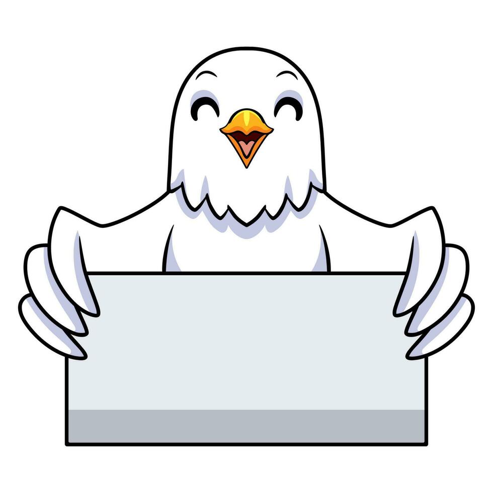 Cute white love bird cartoon holding blank sign vector