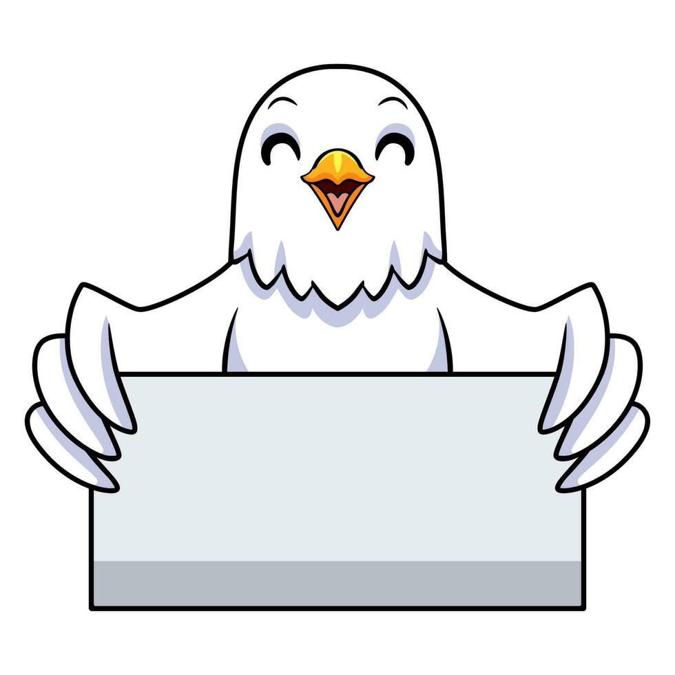 Cute white love bird cartoon holding blank sign vector