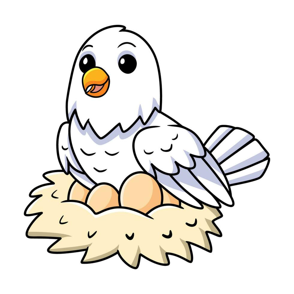 Cute white love bird cartoon with eggs in the nest vector