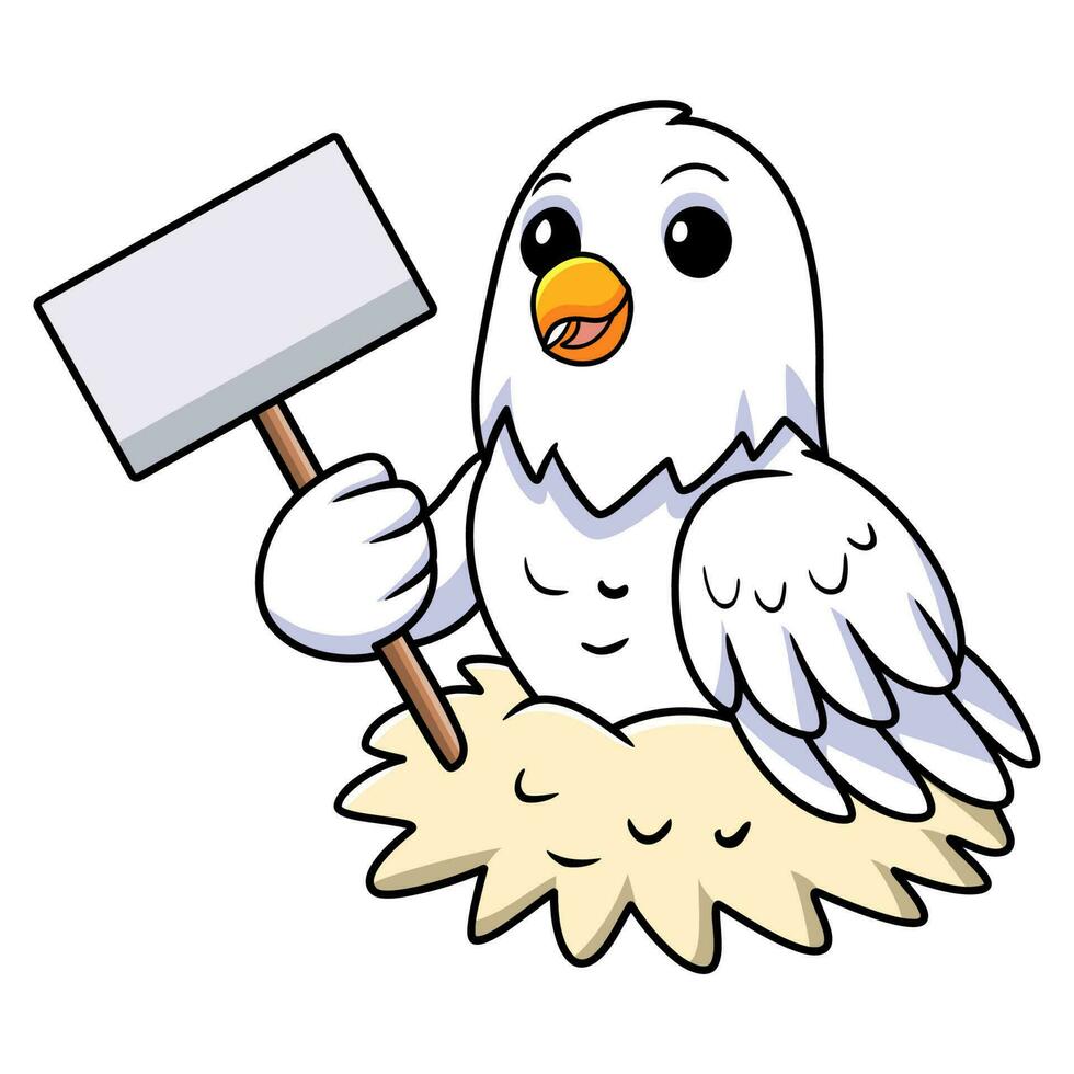 Cute white love bird cartoon holding blank sign vector