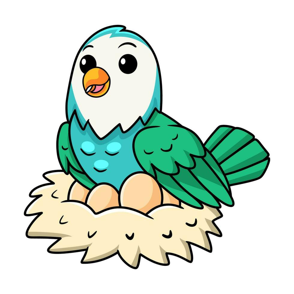 Cute blue turquoise bird cartoon with eggs in the nest vector