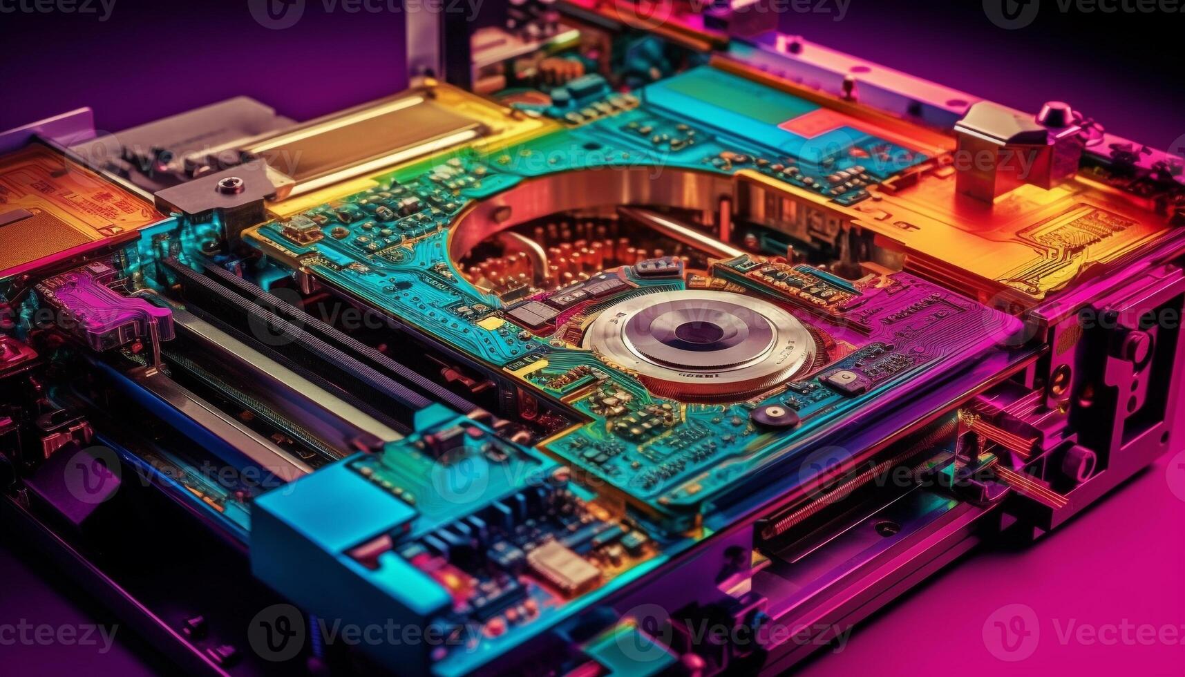 Complexity of computer equipment circuit board, CPU, semiconductor, capacitor generated by AI photo