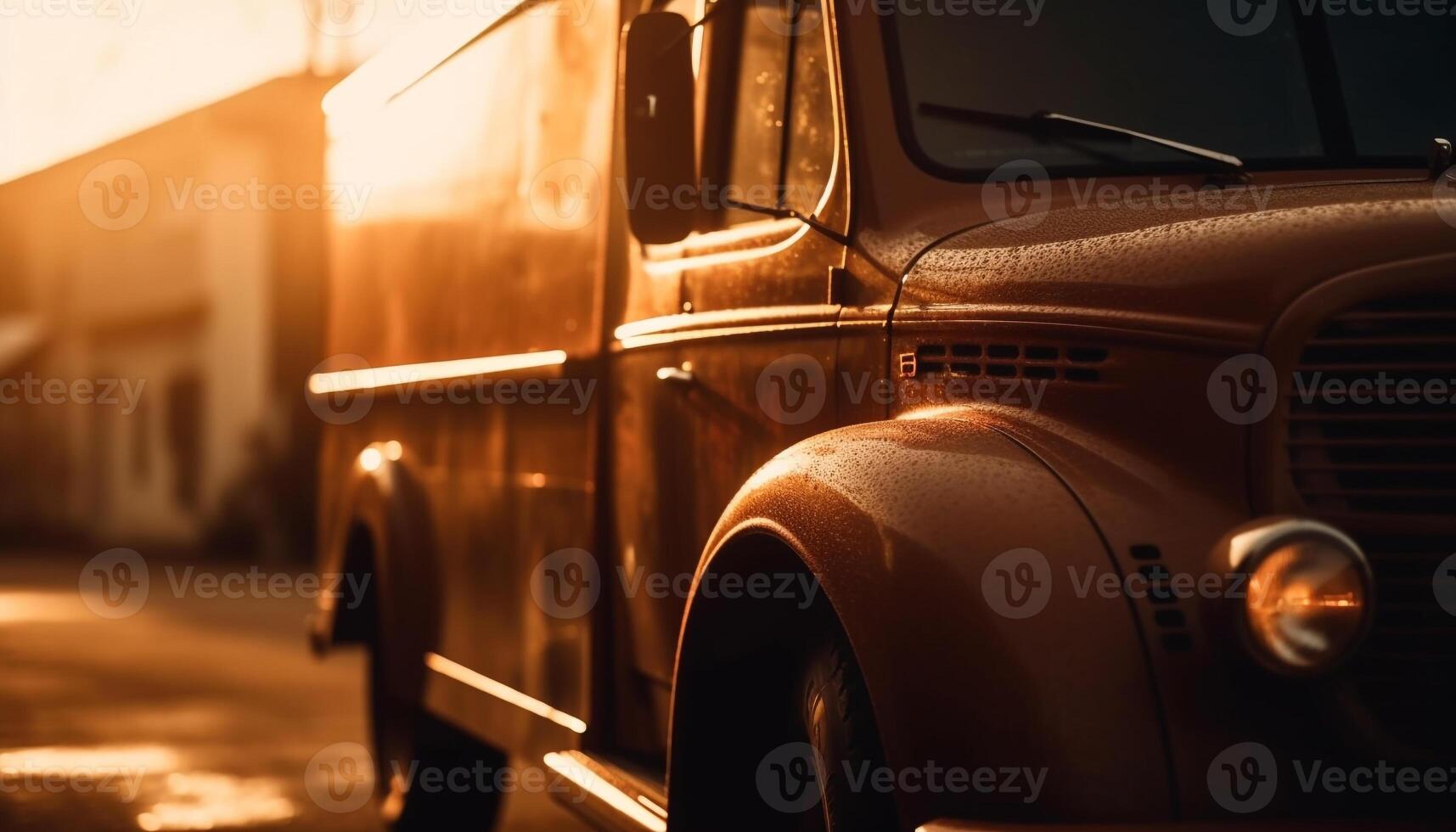 Sunlit city life trucks, buses, vintage cars, and urgency generated by AI photo