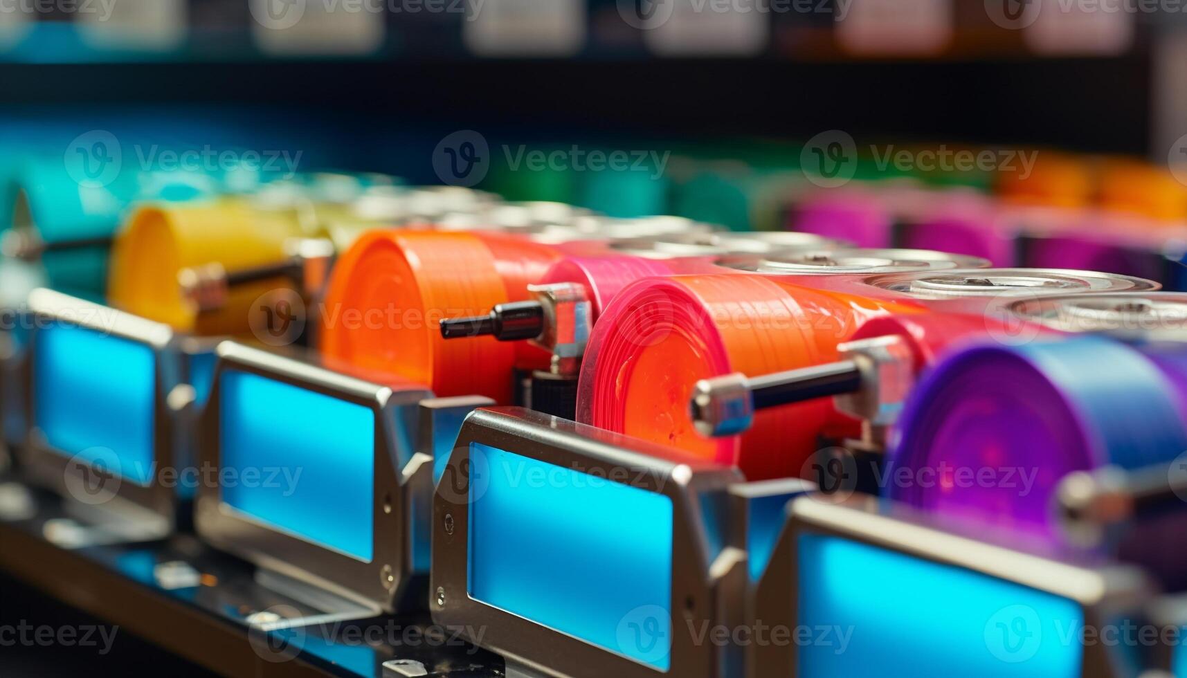Multi colored spools of thread in a row at textile factory generated by AI photo