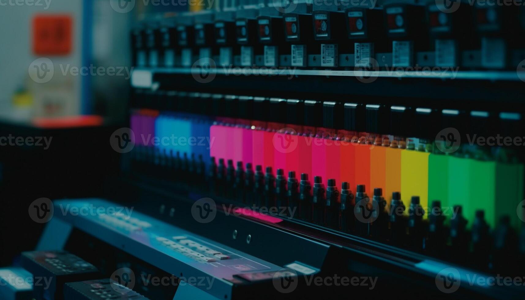 Modern factory illuminates blue with computer controlled machinery in a row generated by AI photo