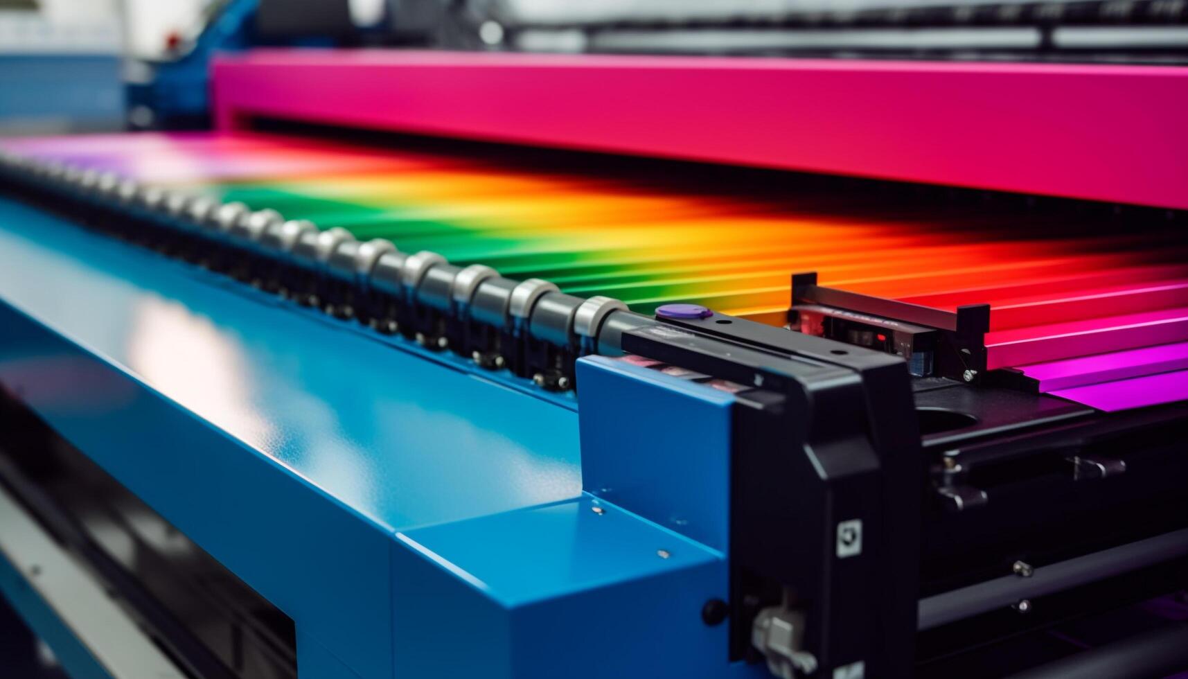 Modern printing press in a factory, producing multi colored documents generated by AI photo