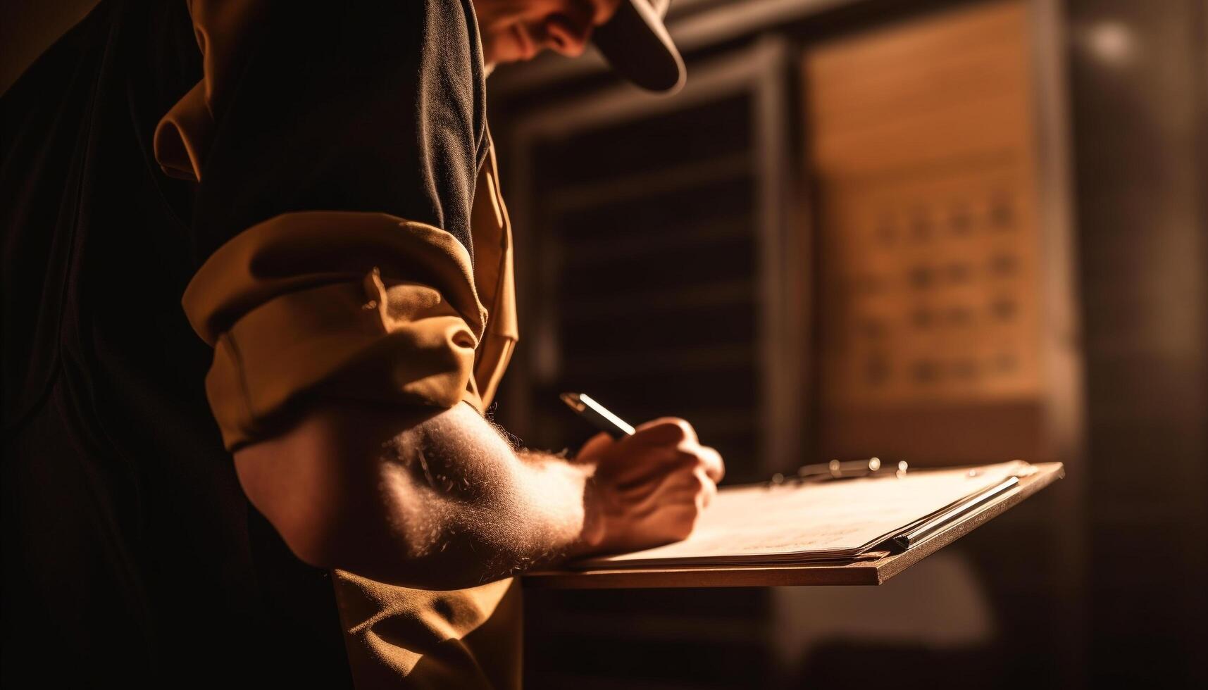 One Caucasian man holding a pencil, reading a document indoors generated by AI photo