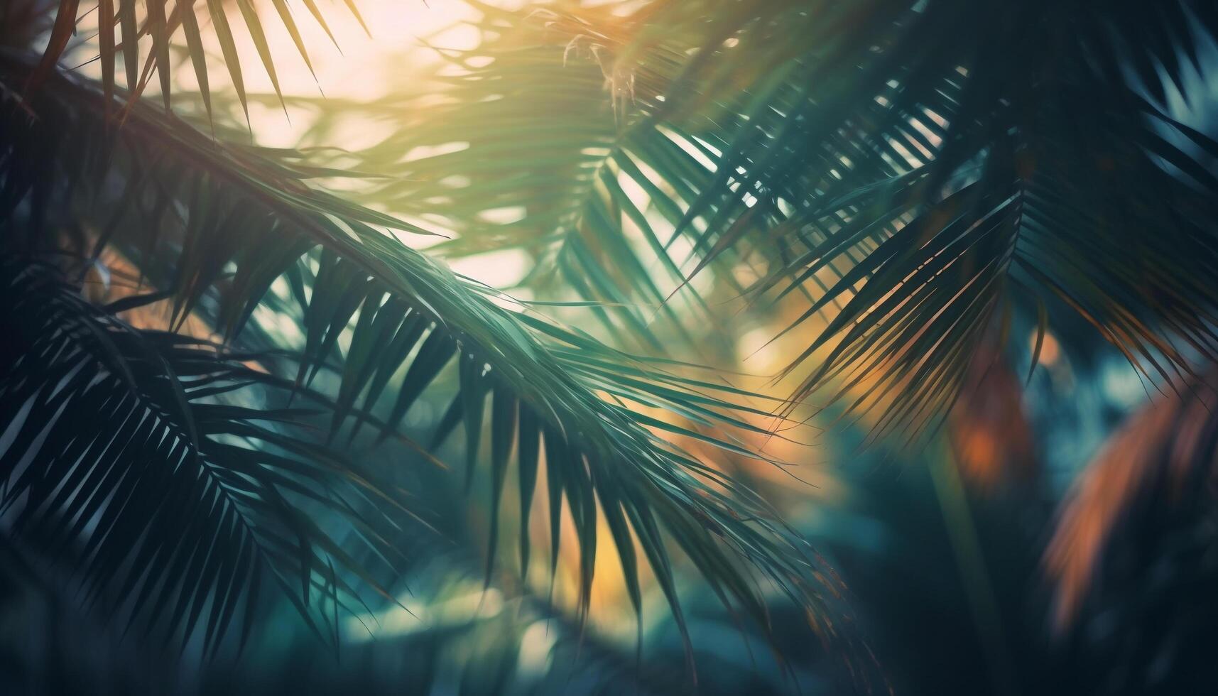 Sunset silhouette of palm tree in tropical rainforest backdrop generated by AI photo
