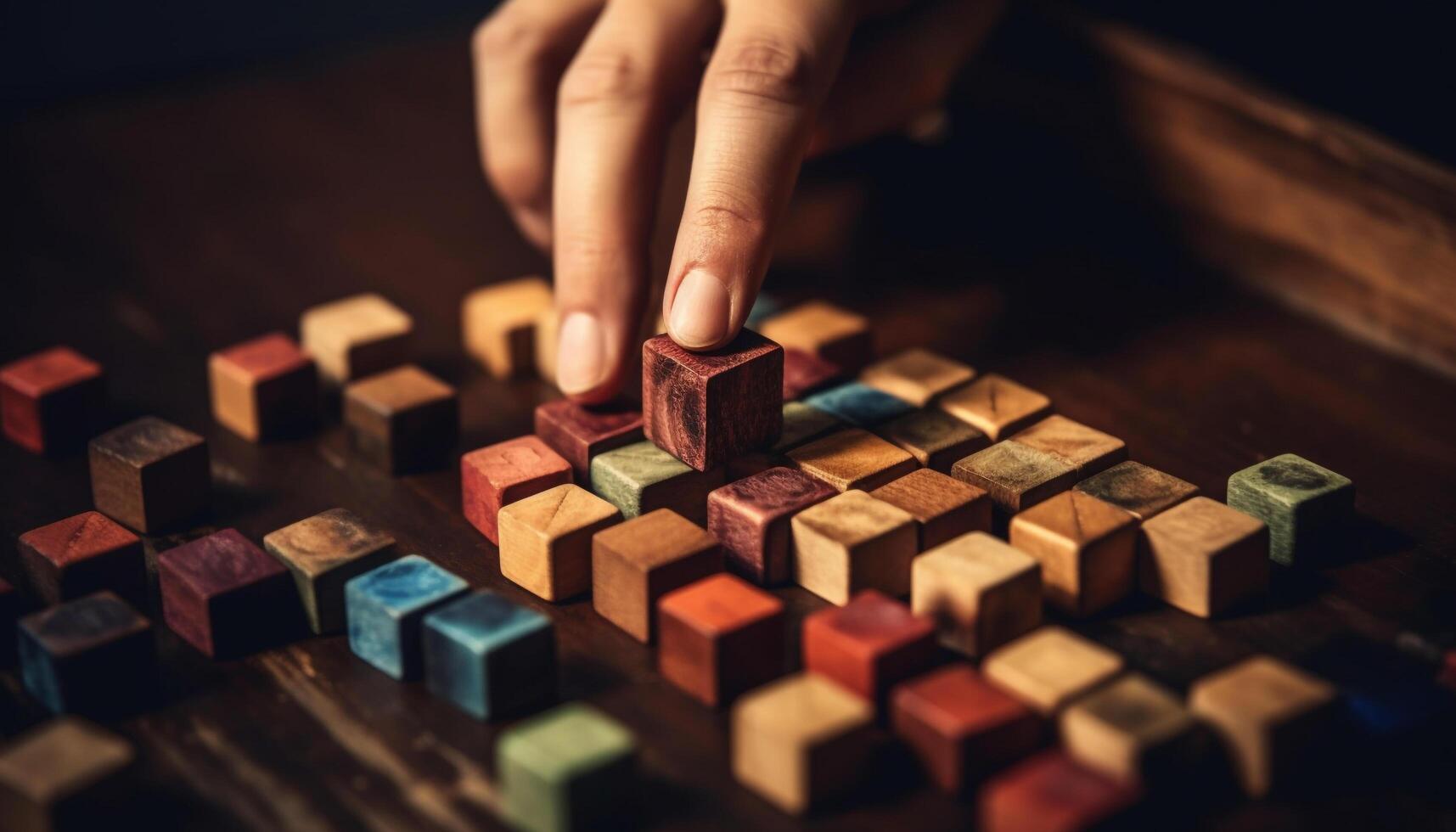 Human hand skillfully constructs toy block puzzle for leisure activity generated by AI photo