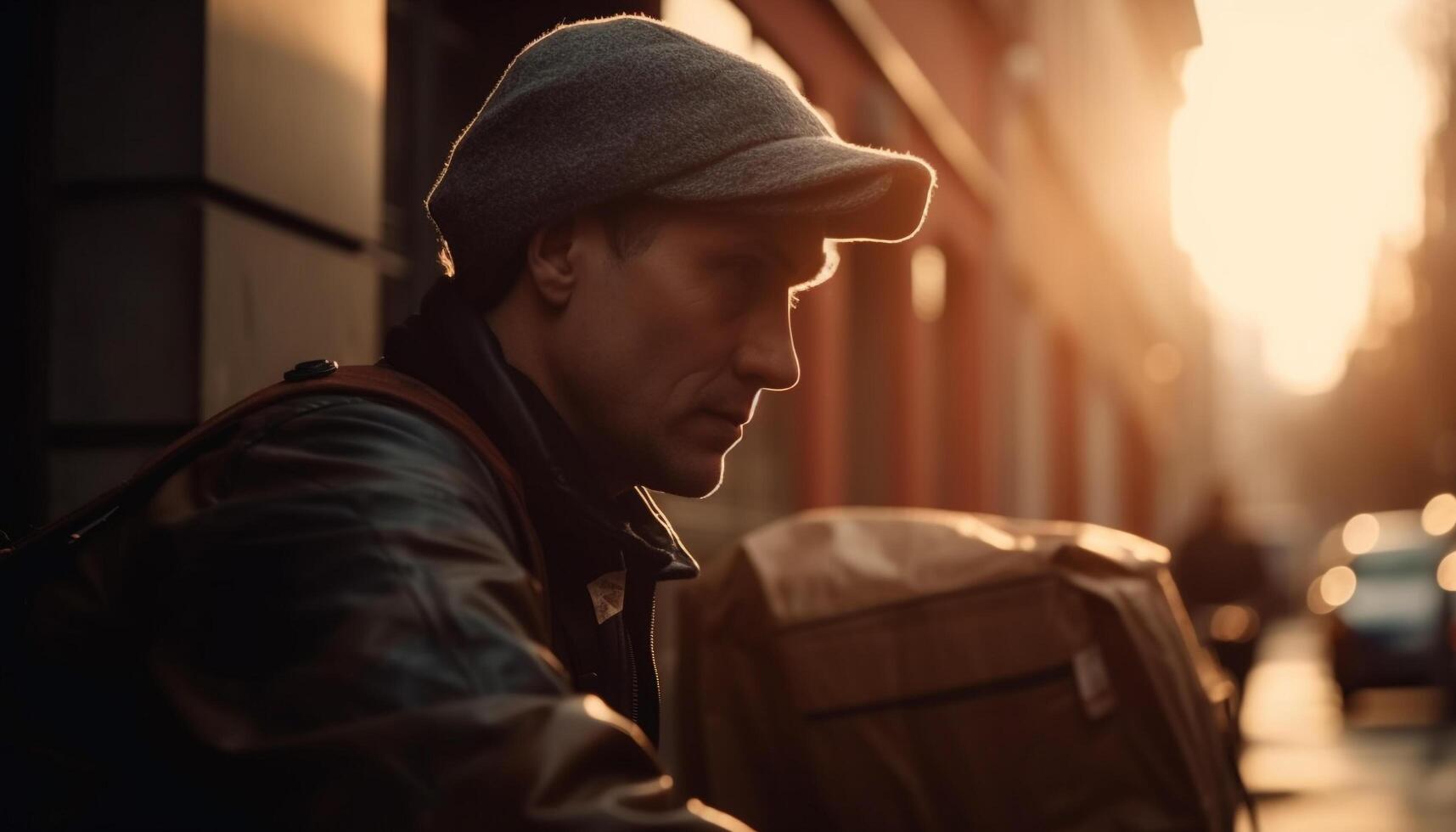 One man looking fashionable in a sunset city, carrying backpack generated by AI photo