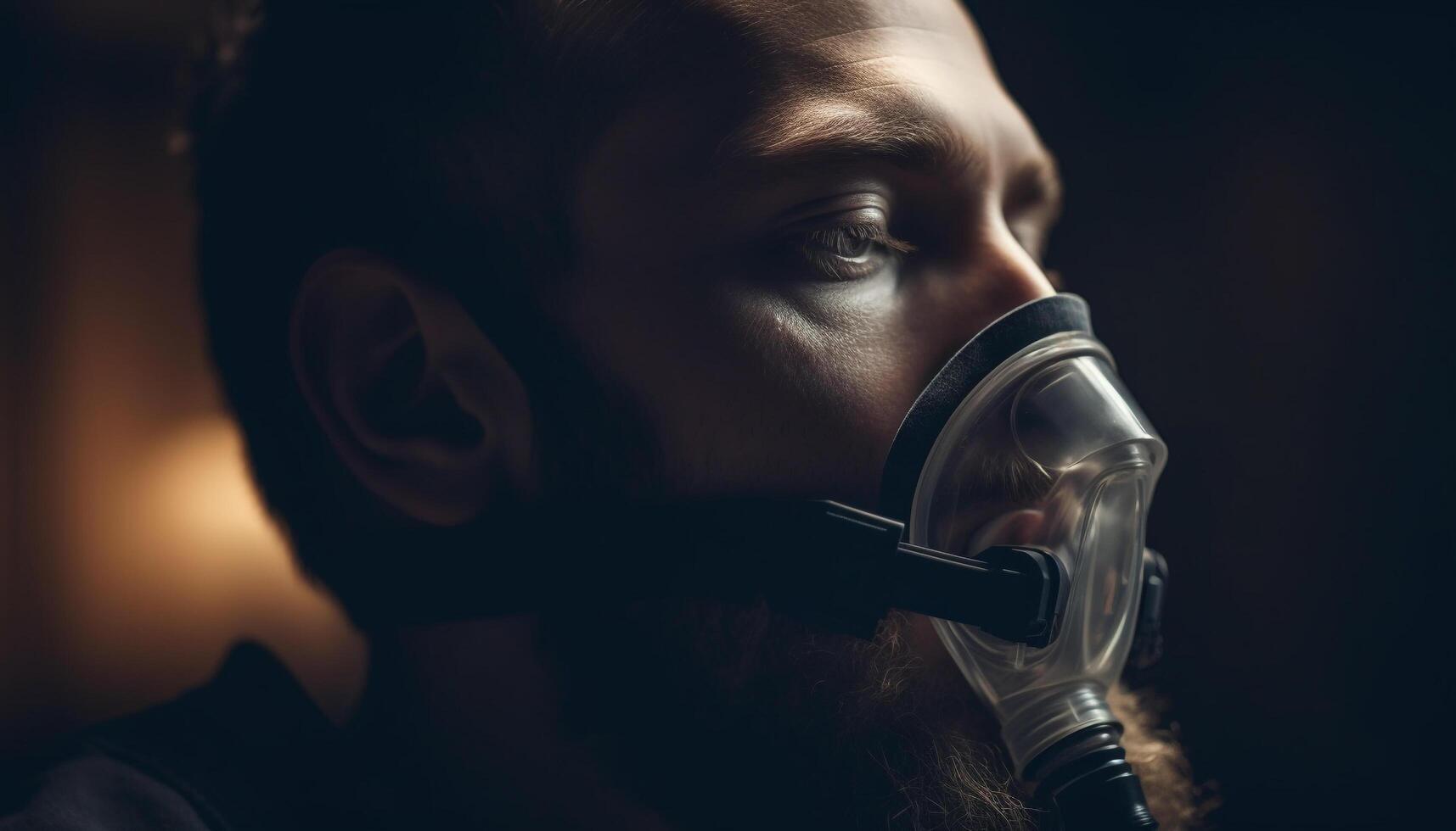 One adult male inhaling indoors wearing a protective mask generated by AI photo