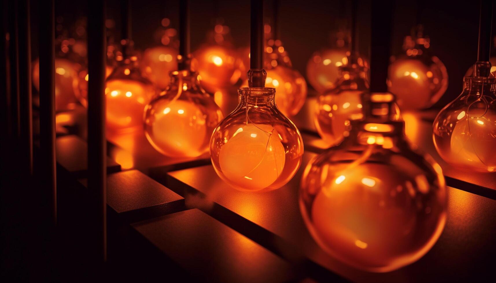 Glowing glass bottle illuminates celebration with shiny decoration and reflection generated by AI photo