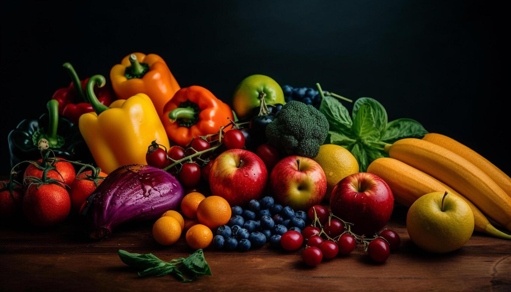 Vibrant collection of healthy organic fruits and vegetables on table generated by AI photo