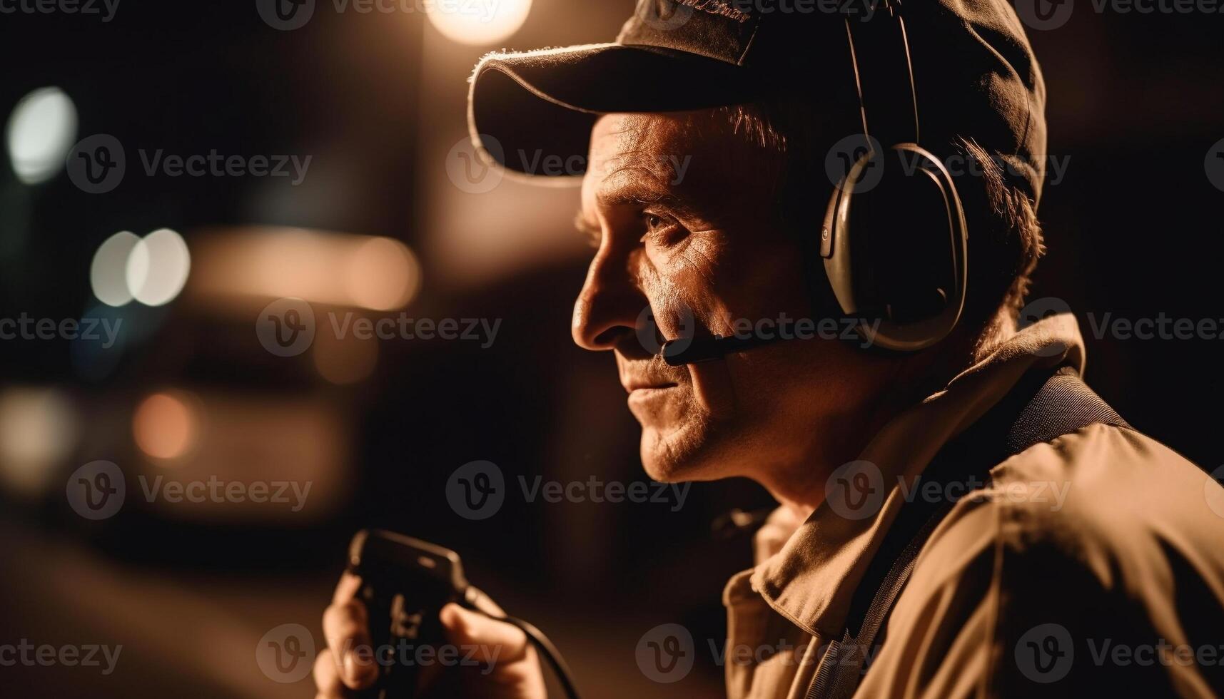One mature man smiling, holding smart phone, enjoying wireless technology generated by AI photo