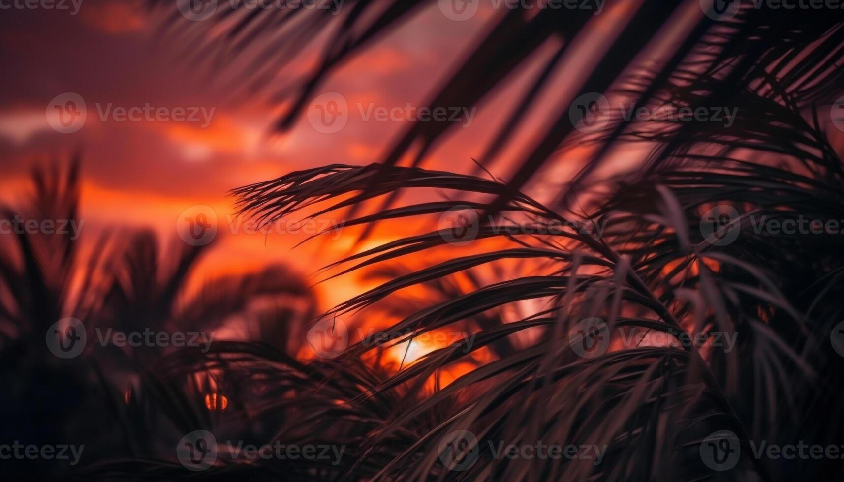 Tranquil sunset silhouette of palm tree in tropical paradise generated by AI photo